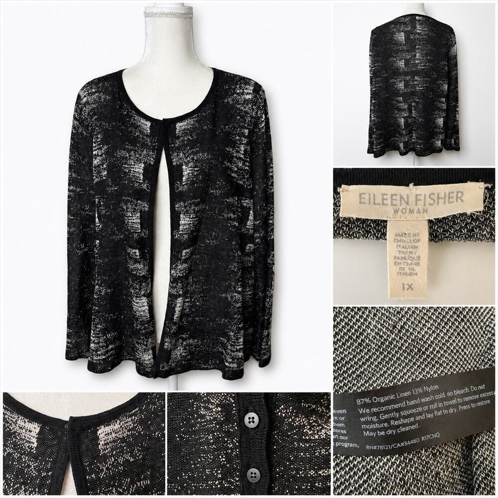 Eileen Fisher Cardigan Plus Size 1X Organic Linen Nylon Black White